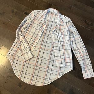 Noisy May. Long sleeve white shirt with pink and dark grey plaid.